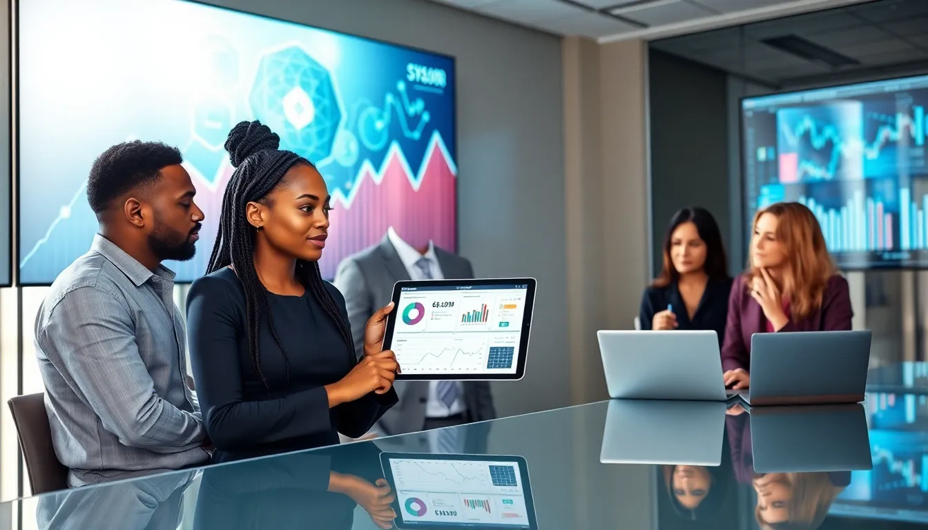 diverse team discussing cryptocurrency in a modern office.